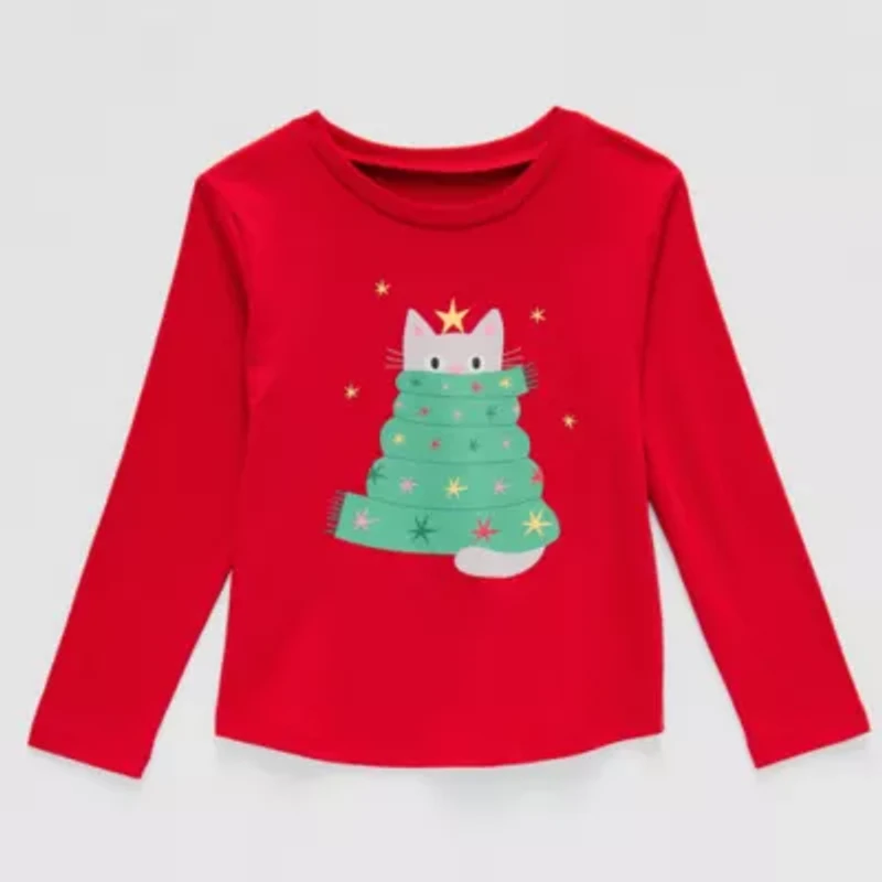 Okie Dokie Toddler & Little Girls Round Neck Long Sleeve Regular Fit Graphic T-Shirt