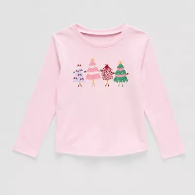 Okie Dokie Toddler & Little Girls Round Neck Long Sleeve Regular Fit Graphic T-Shirt