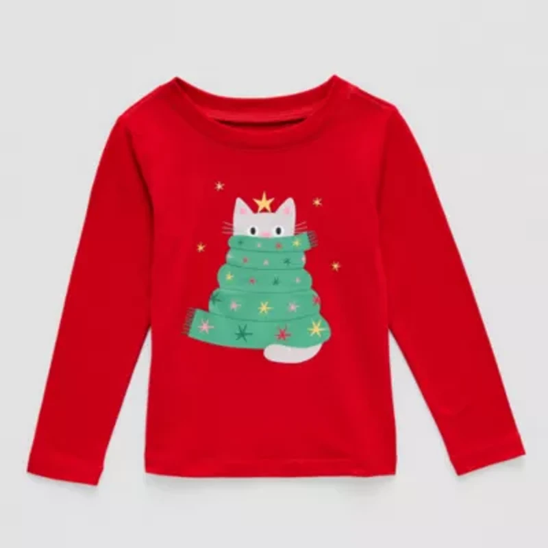 Okie Dokie Toddler Girls Round Neck Long Sleeve Adaptive Regular Fit Graphic T-Shirt