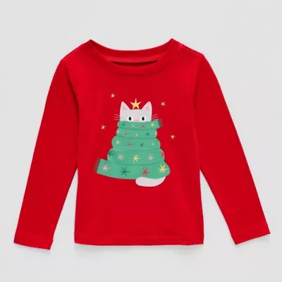 Okie Dokie Toddler Girls Round Neck Long Sleeve Adaptive Regular Fit Graphic T-Shirt