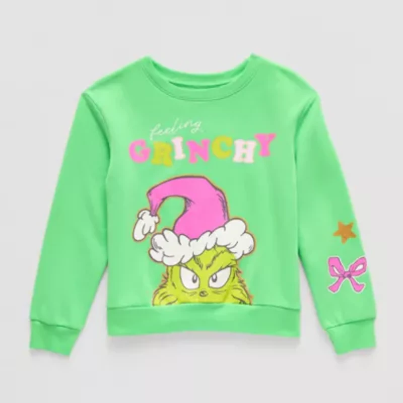 Little & Big Kid Girls Crew Neck Fleece Long Sleeve Grinch Sweatshirt
