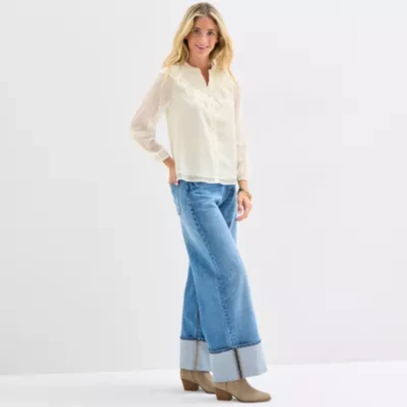 Frye and Co. Womens Split Crew Neck Long Sleeve Blouse
