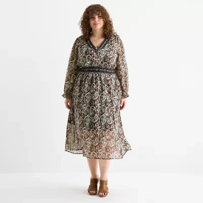 Frye and Co. Womens Plus Long Sleeve Floral Maxi Dress