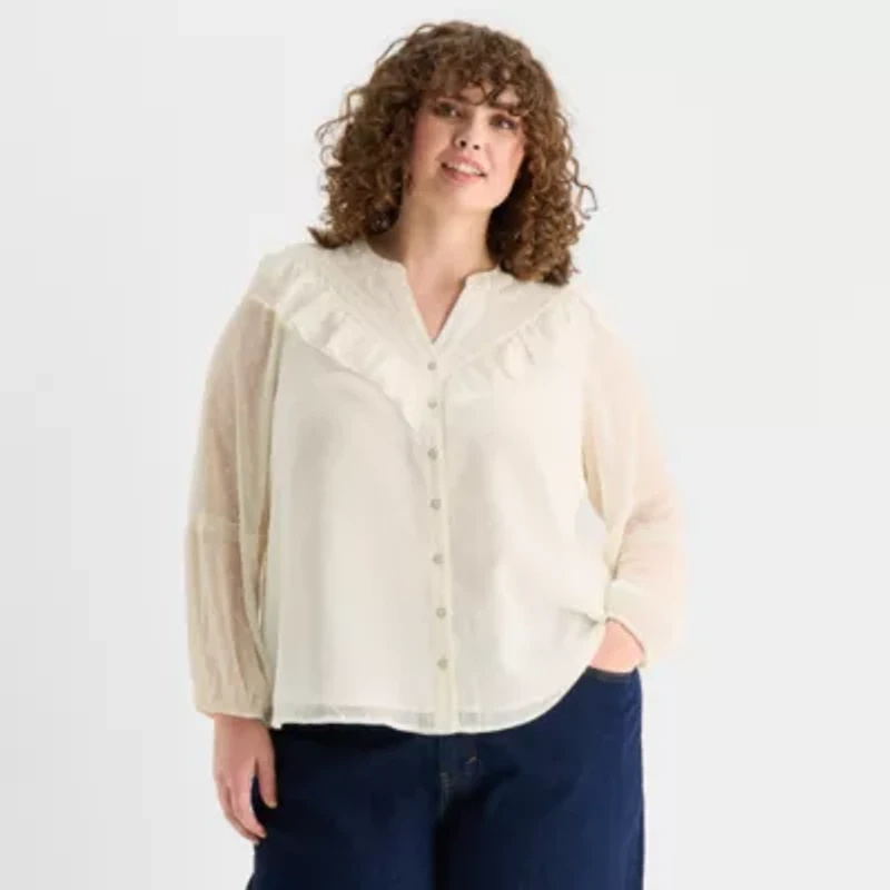 Frye and Co. Womens Plus V Neck Long Sleeve Blouse