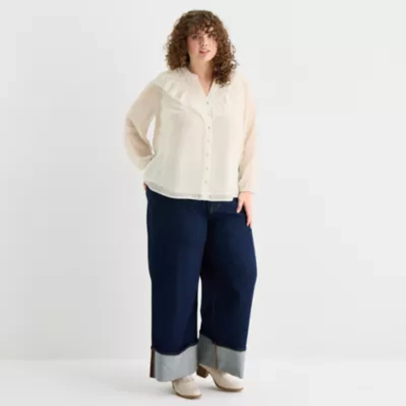 Frye and Co. Womens Plus V Neck Long Sleeve Blouse