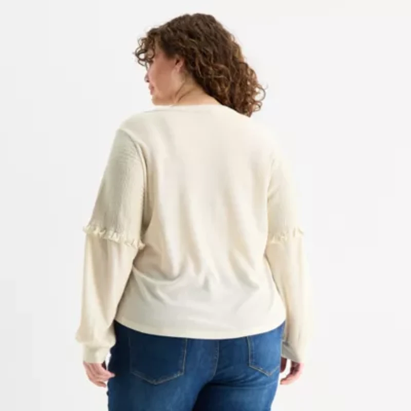 Frye and Co. Womens Plus Y Neck Long Sleeve T-Shirt