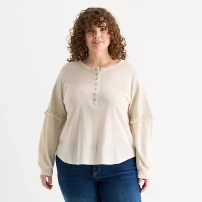 Frye and Co. Womens Plus Y Neck Long Sleeve T-Shirt