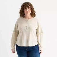 Frye and Co. Womens Plus Y Neck Long Sleeve T-Shirt