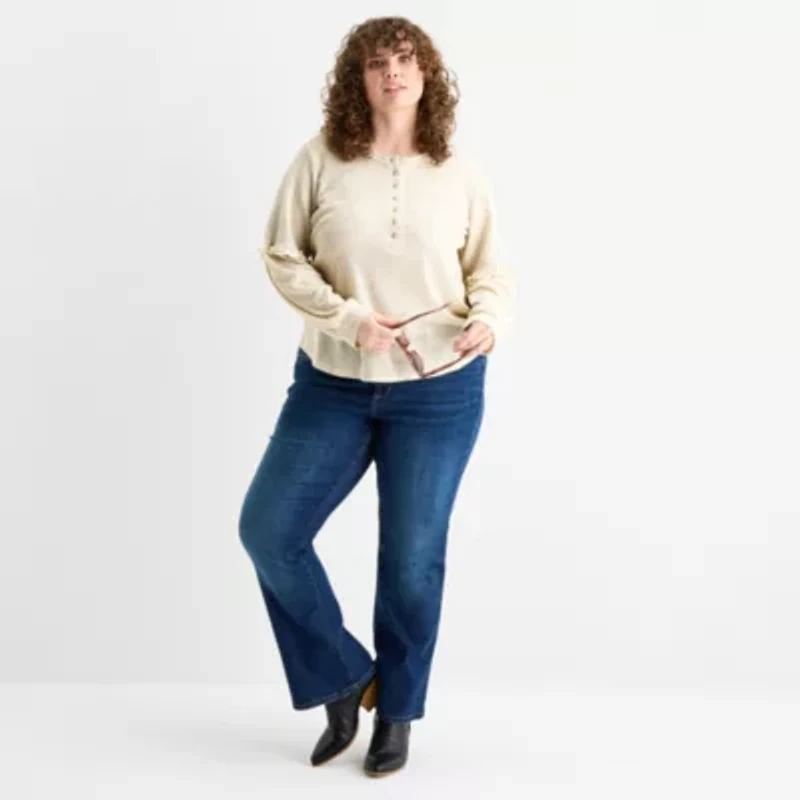 Frye and Co. Womens Plus Y Neck Long Sleeve T-Shirt