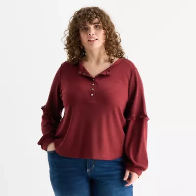 Frye and Co. Womens Plus Y Neck Long Sleeve T-Shirt