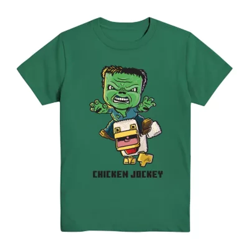 Chicken Jockey Little & Big Kid Boys Crew Neck Short Sleeve Regular Fit Minecraft Graphic T-Shirt