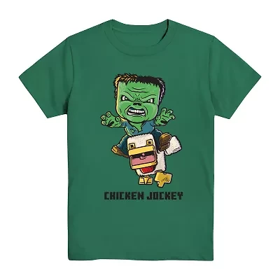 Chicken Jockey Little & Big Kid Boys Crew Neck Short Sleeve Regular Fit Minecraft Graphic T-Shirt