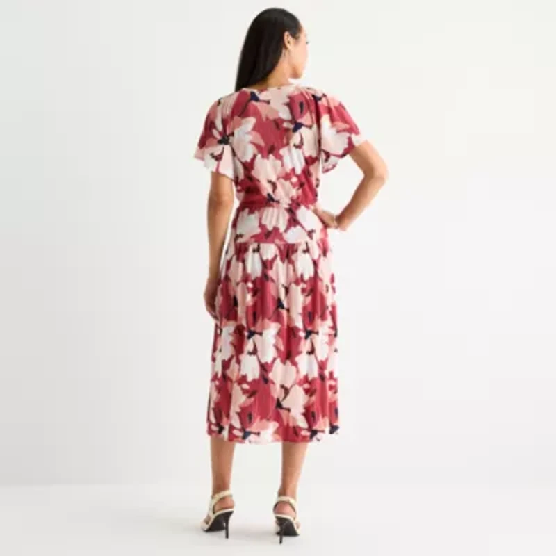 Liz Claiborne Womens Short Sleeve Midi Floral Plus A-Line Dress