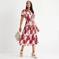 Liz Claiborne Womens Short Sleeve Midi Floral Plus A-Line Dress