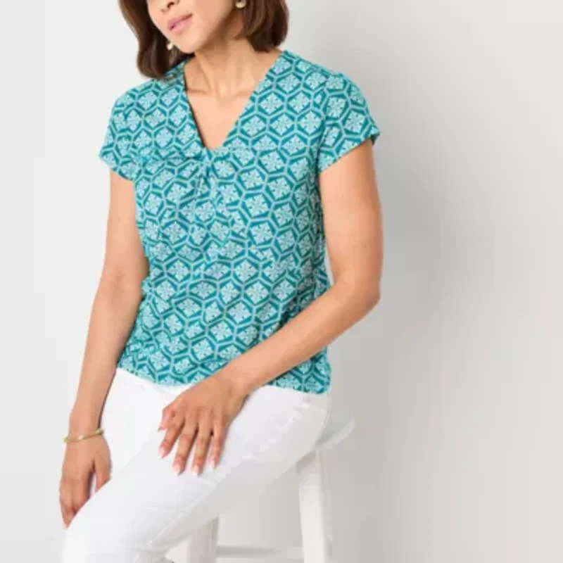 Liz Claiborne Womens Plus V Neck Short Sleeve Blouse