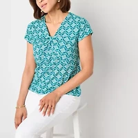 Liz Claiborne Womens Plus V Neck Short Sleeve Blouse