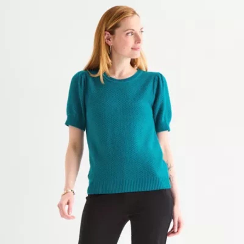 Liz Claiborne Plus Womens Crew Neck Short Sleeve Pullover Sweater