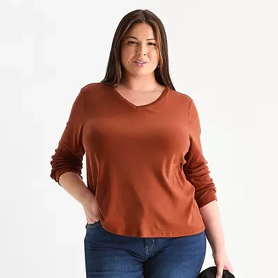 Liz Claiborne Womens Plus V Neck Long Sleeve T-Shirt