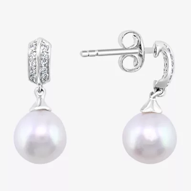 Effy  Womens Diamond Accent White Cultured Freshwater Pearl Sterling Silver Ball Drop Earrings