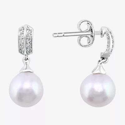 Effy  Womens Diamond Accent White Cultured Freshwater Pearl Sterling Silver Ball Drop Earrings