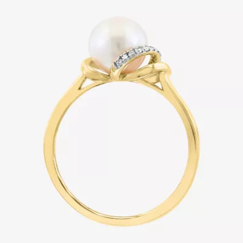 Effy  Womens Diamond Accent 7.5MM White Cultured Freshwater Pearl 14K Gold Over Silver Cocktail Ring