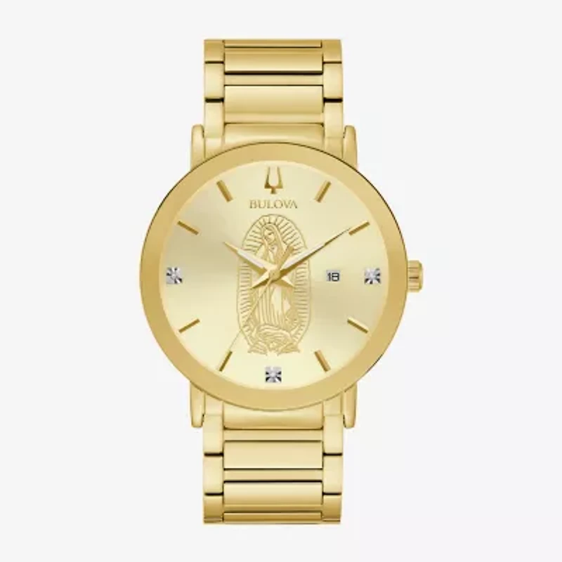 Bulova Our Lady Of Guadalupe / Nuestra Señora De Guadalupe Mens Crystal Accent Gold Tone Stainless Steel Bracelet Watch 97d136