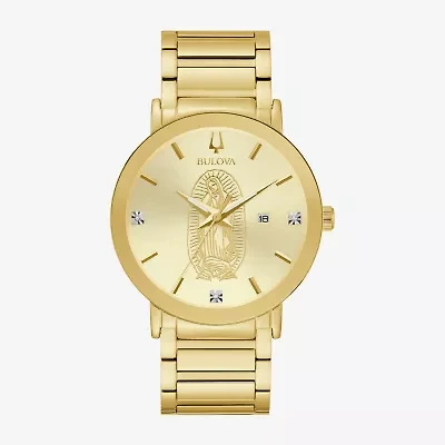 Bulova Our Lady Of Guadalupe / Nuestra Señora De Guadalupe Mens Crystal Accent Gold Tone Stainless Steel Bracelet Watch 97d136