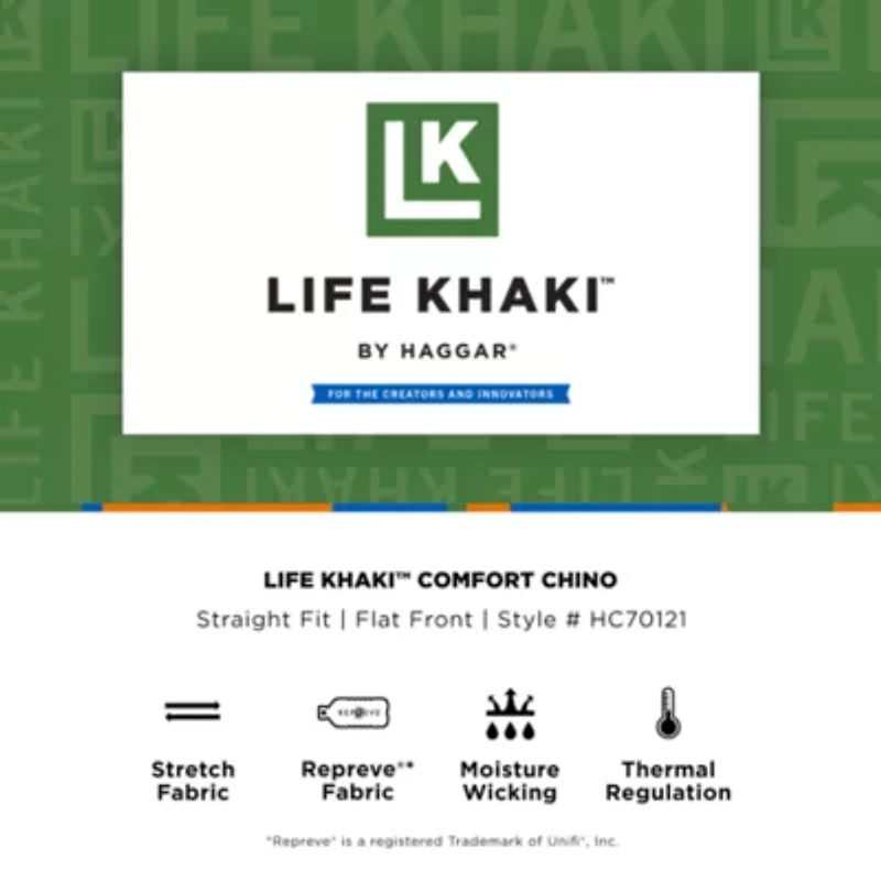 Haggar Life Khaki Comfort Chino Mens Straight Fit Flat Front Pant