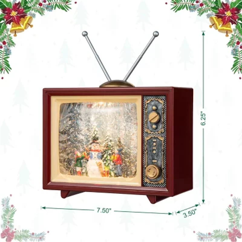 Glitzhome 7.5" Lighted Tv With Snowman Christmas Snow Globe
