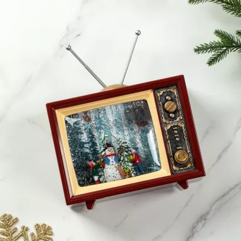 Glitzhome 7.5" Lighted Tv With Snowman Christmas Snow Globe