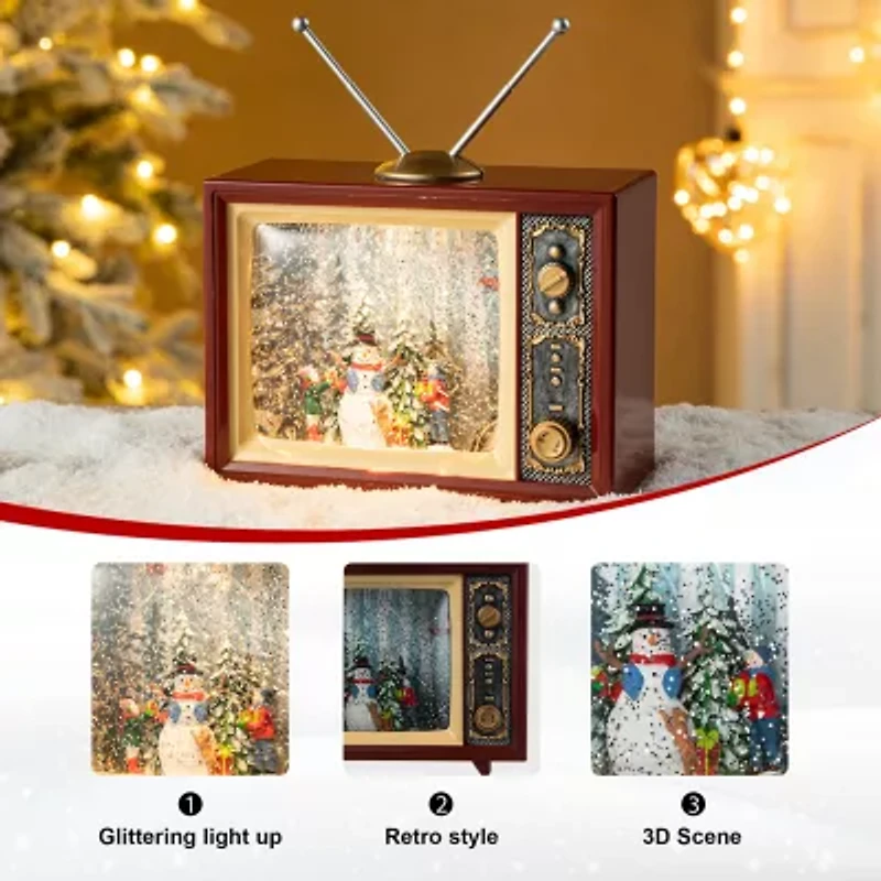 Glitzhome 7.5" Lighted Tv With Snowman Christmas Snow Globe