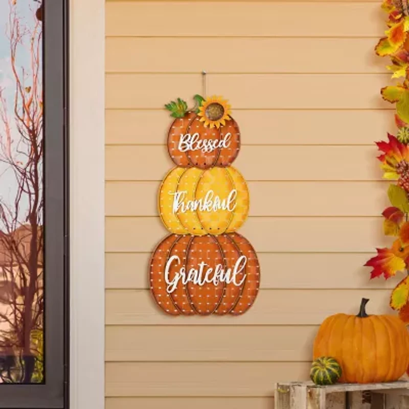 Glitzhome "35.5"" Metal Stacked Pumpkins" Thanksgiving Yard Art