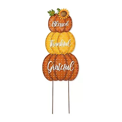 Glitzhome "35.5"" Metal Stacked Pumpkins" Thanksgiving Yard Art
