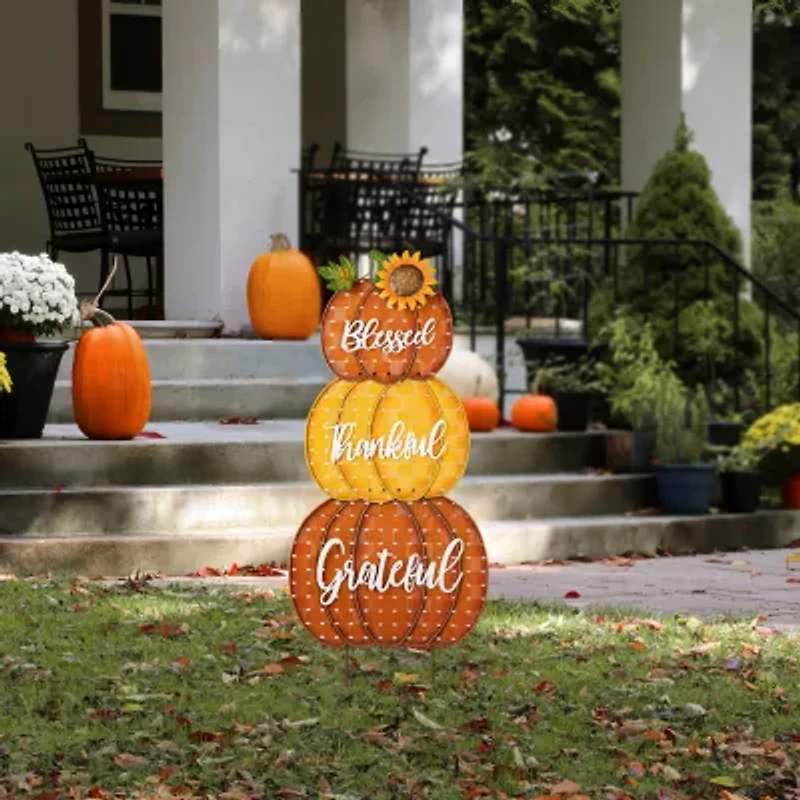 Glitzhome "35.5"" Metal Stacked Pumpkins" Thanksgiving Yard Art