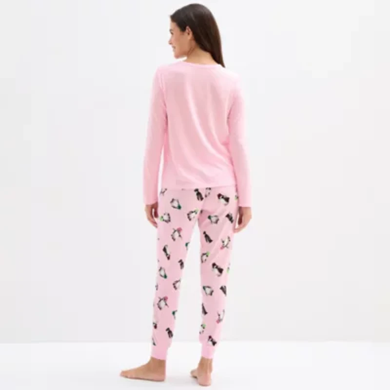 Sleep Chic Womens Crew Neck Long Sleeve 2-pc. Pajama Sets