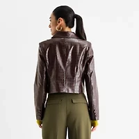 Worthington Womens Faux Leather Lightweight Cropped Jacket