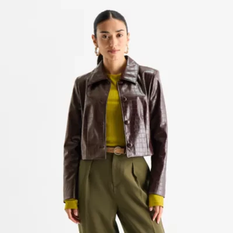 Worthington Womens Faux Leather Lightweight Cropped Jacket