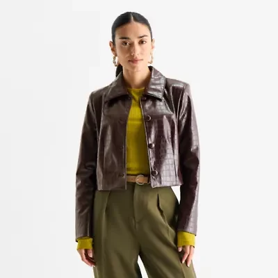 Worthington Womens Faux Leather Lightweight Cropped Jacket