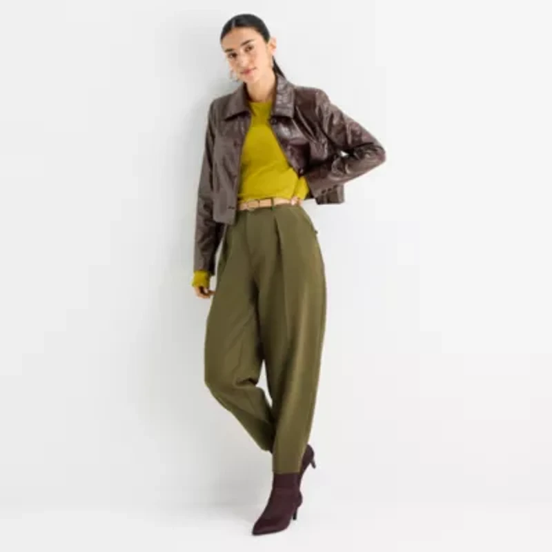 Worthington Womens Faux Leather Lightweight Cropped Jacket