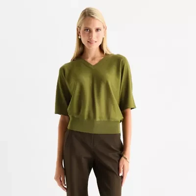 Worthington Womens V Neck Elbow Sleeve Pullover Sweater