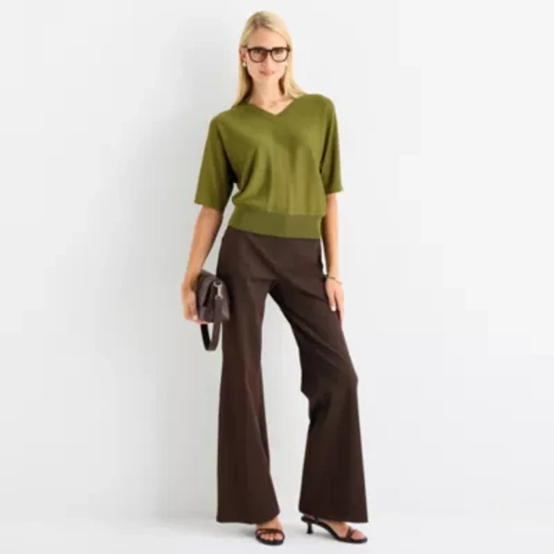 Worthington Womens V Neck Elbow Sleeve Pullover Sweater