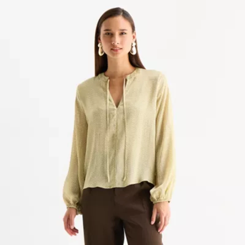 Worthington Womens Split Tie Neck Long Sleeve Blouse