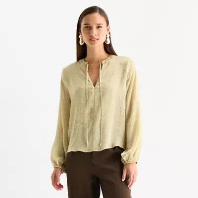 Worthington Womens Split Tie Neck Long Sleeve Blouse