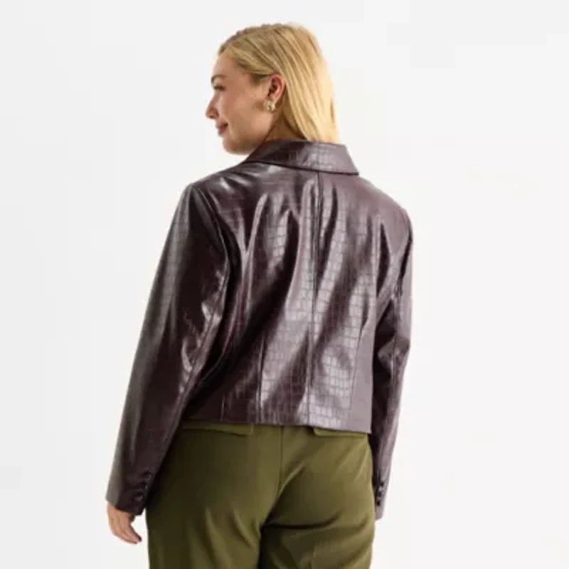 Worthington Womens Faux Leather Lightweight Plus Cropped Jacket