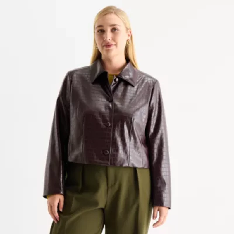 Worthington Womens Faux Leather Lightweight Plus Cropped Jacket