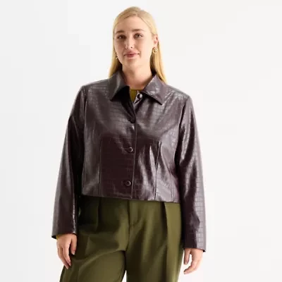 Worthington Womens Faux Leather Lightweight Plus Cropped Jacket