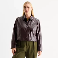 Worthington Womens Faux Leather Lightweight Plus Cropped Jacket