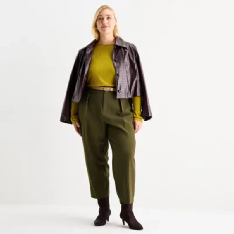 Worthington Womens Faux Leather Lightweight Plus Cropped Jacket