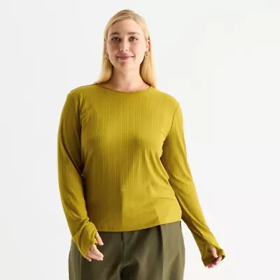 Worthington Womens Crew Neck Long Sleeve Plus Blouse