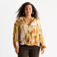 Worthington Womens Split Crew Neck Long Sleeve Plus Blouse